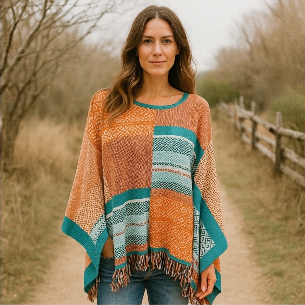 Sundance Catalog Alisandra Poncho Intarsia Patchwork Bandana Sweater Boho Orange